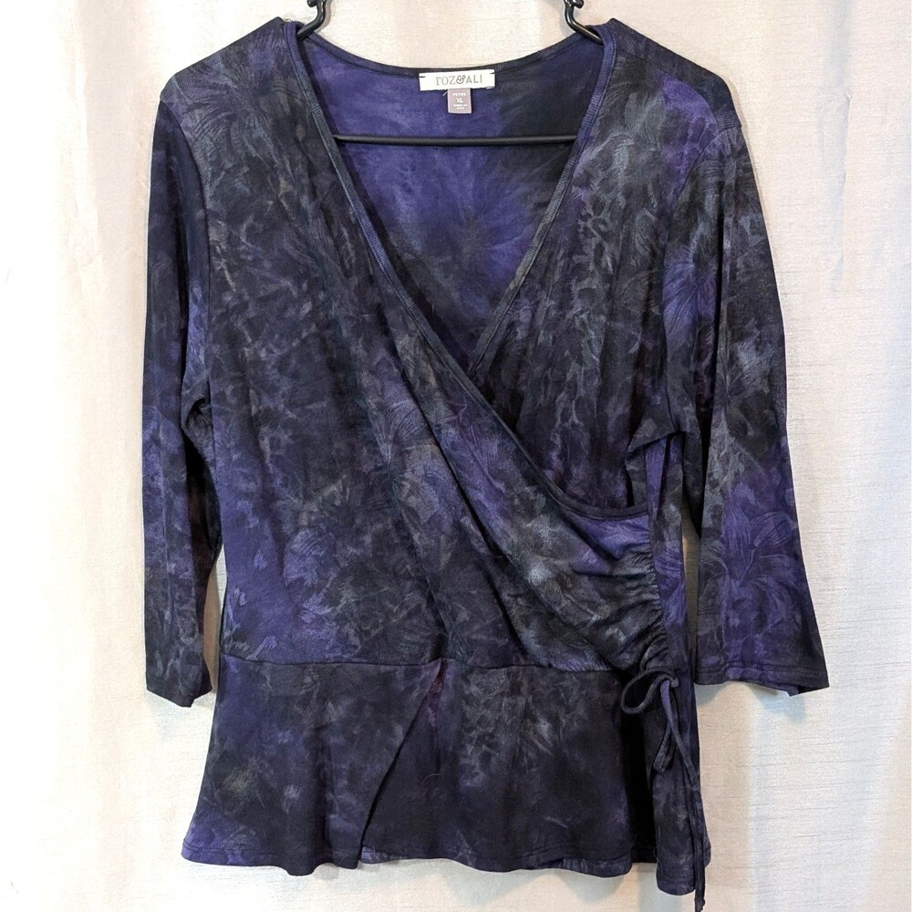 Roz & Ali Womens PXL Top Purple Black Tie Dye Print Faux Wrap Ruched Peplum Boho